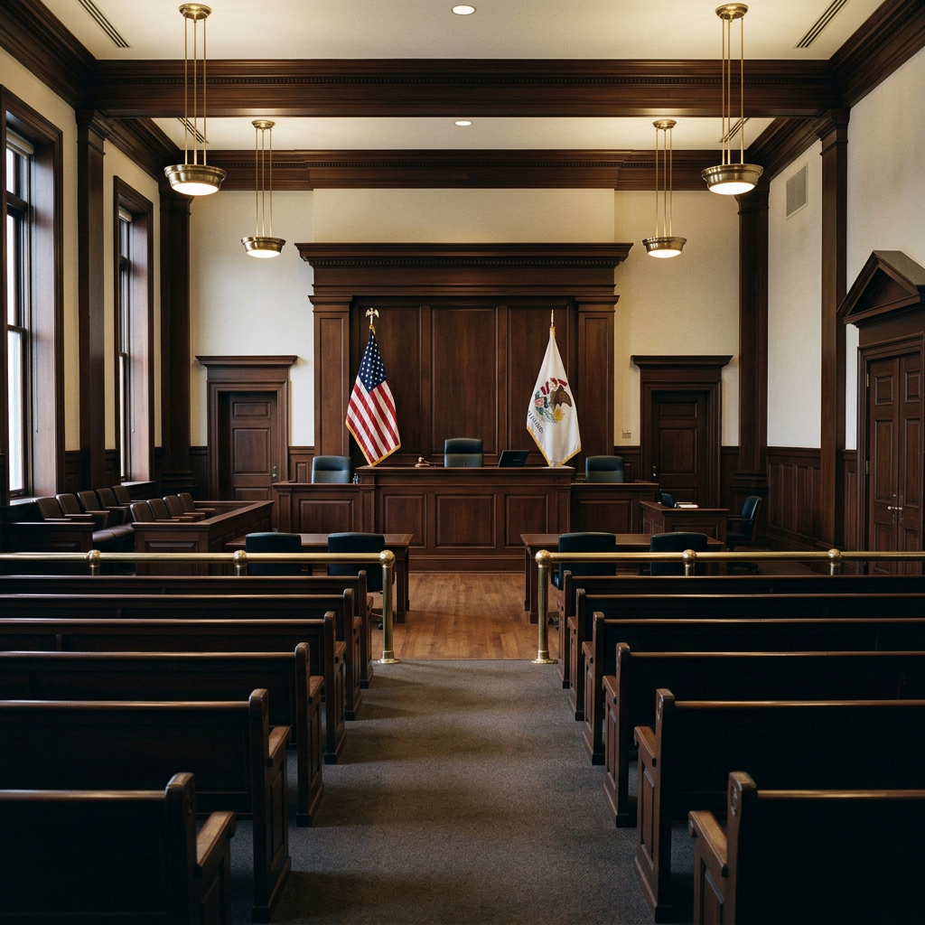 Empty courtroom with wooden benches and judge's bench under warm overhead lighting
