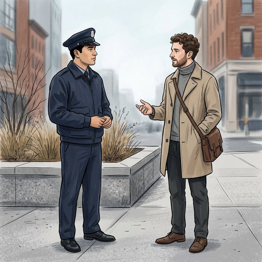 Person calmly speaking with a uniformed officer on a city sidewalk