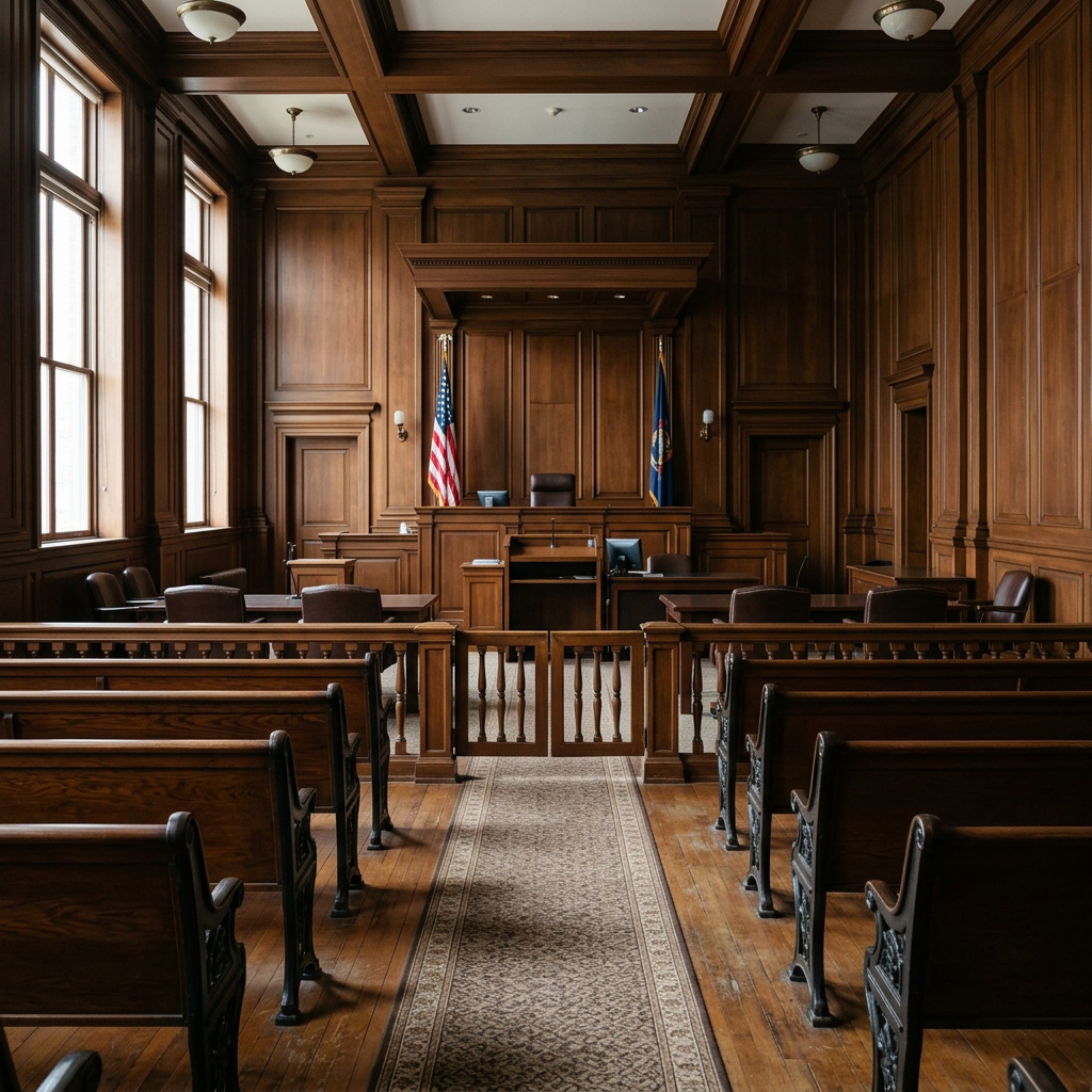 Interior of a courtroom with empty wooden benches and a judge's bench in soft light