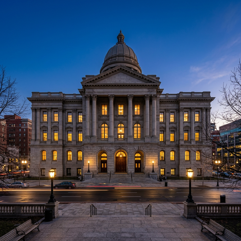 Exterior of a Cook County courthouse at dusk with dramatic sky