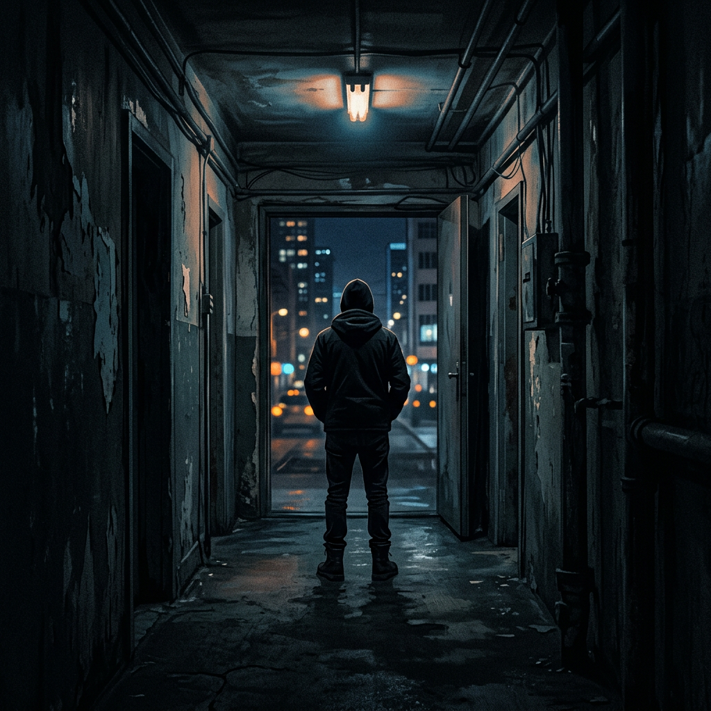 Person standing calmly in a dimly lit urban hallway representing a moment of threat assessment