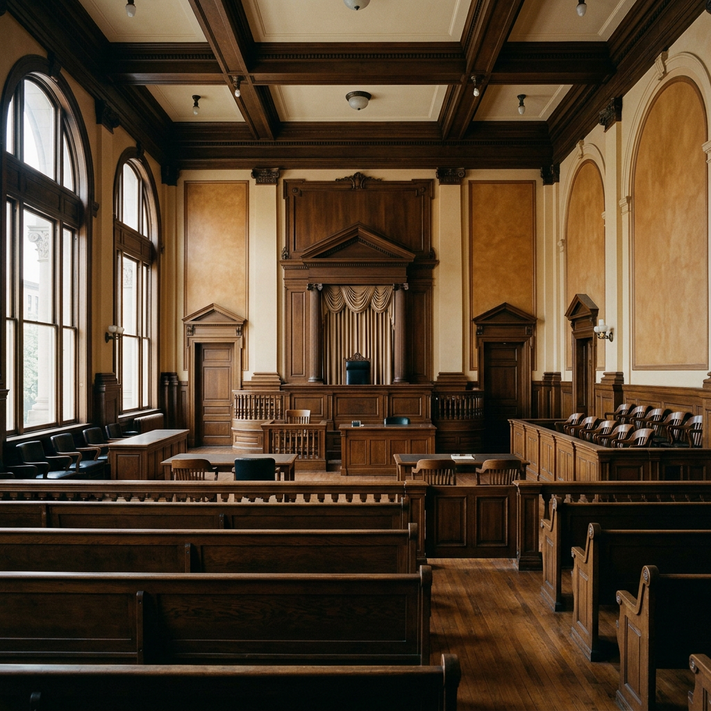 Interior of a Cook County courtroom with empty jury box and wooden benches