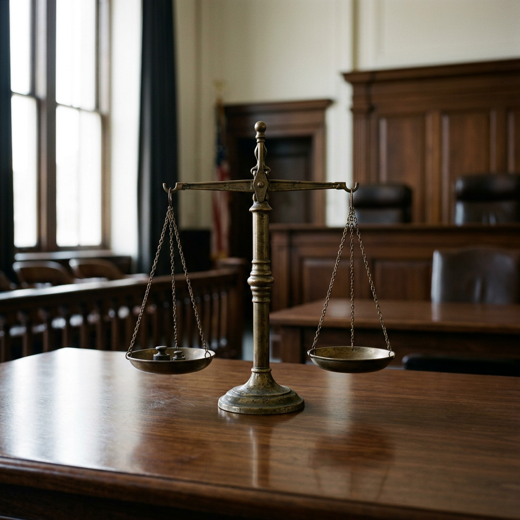 Scales of justice on a courtroom desk with soft natural light