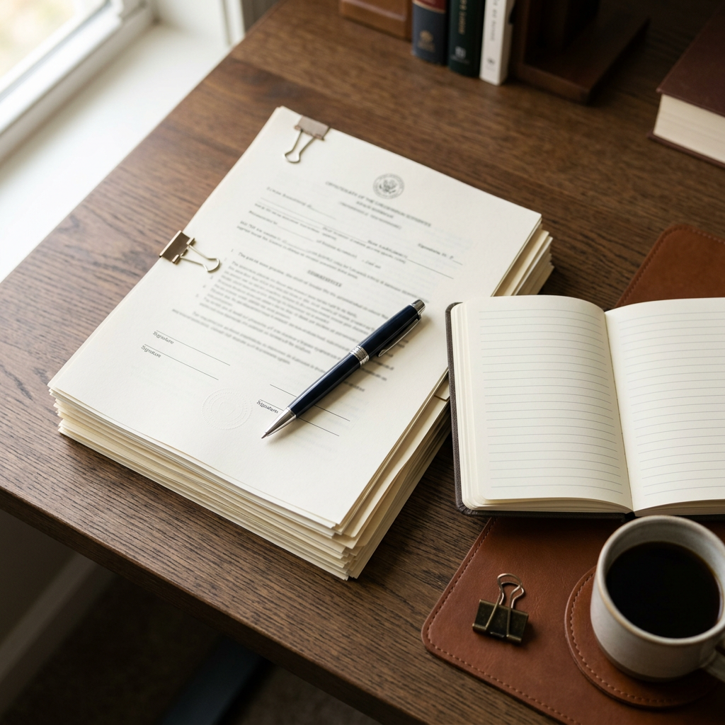 Legal documents and a pen on a clean desk representing registration paperwork