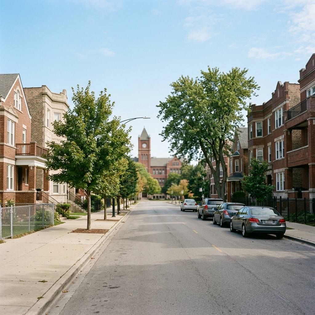 Urban Chicago neighborhood street view near a school zone with safety signage blurred