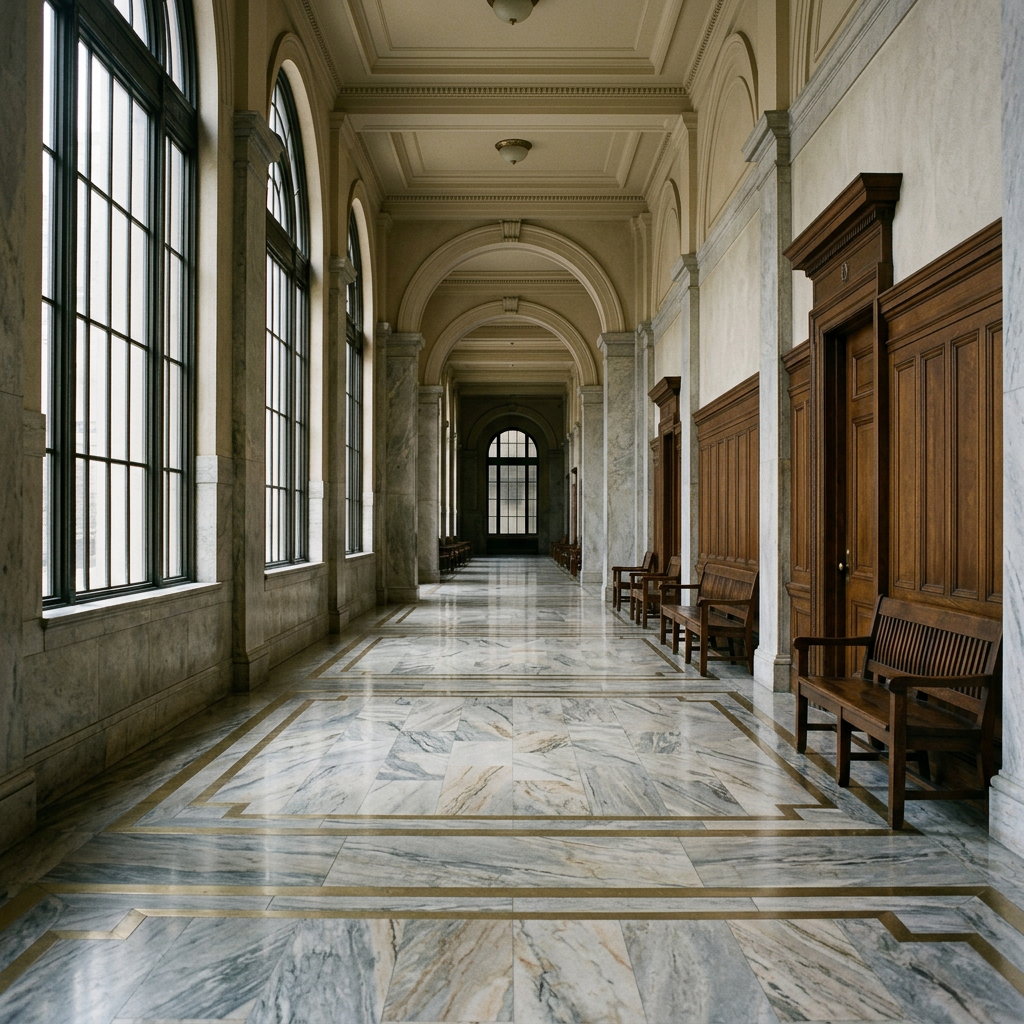 Illinois courthouse hallway with serious, formal atmosphere