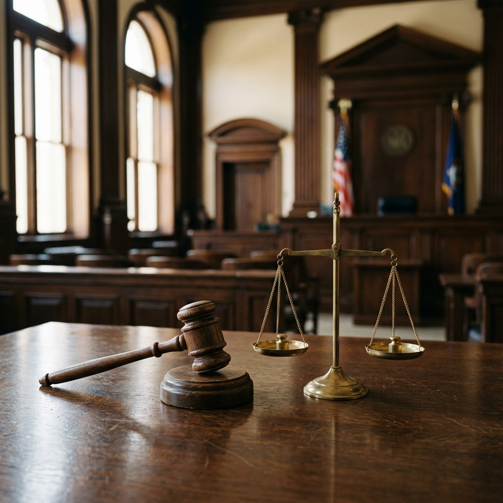 Gavel and scales of justice on a desk in a courtroom setting