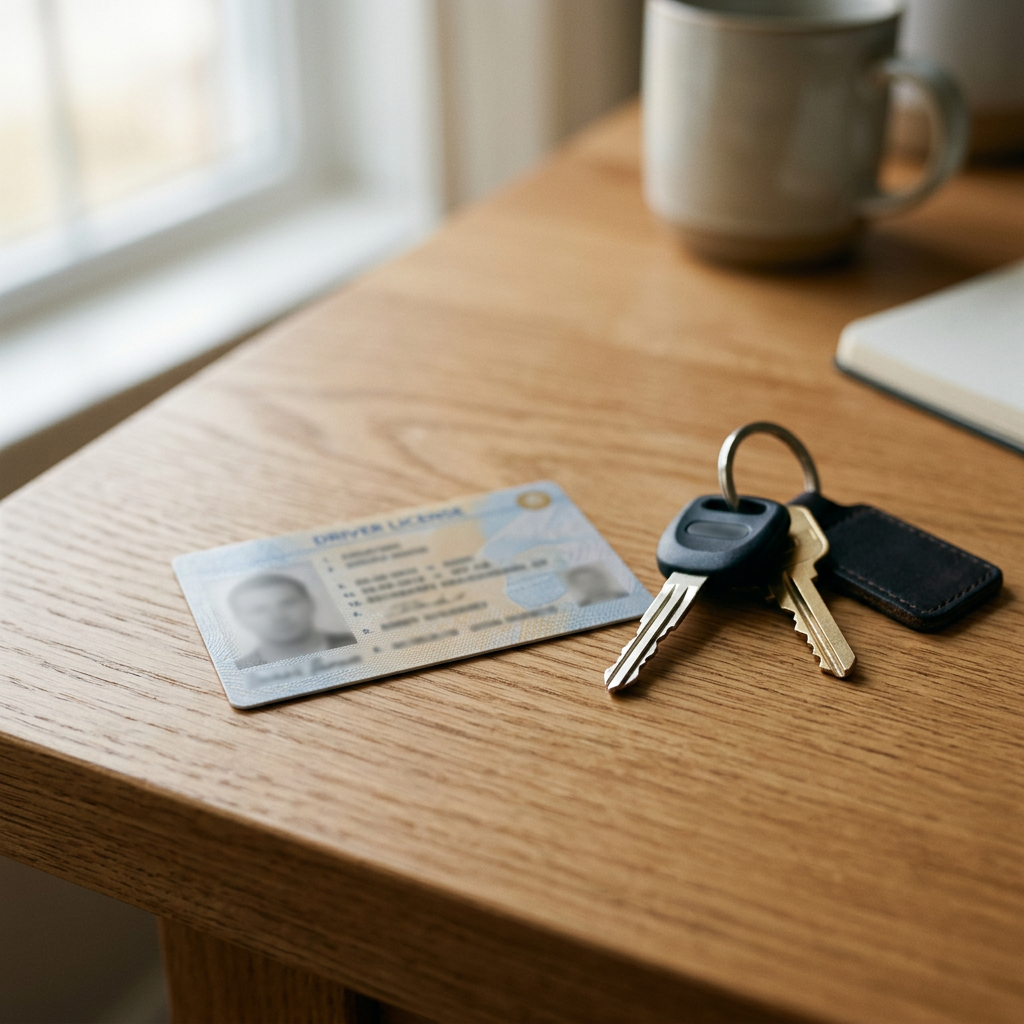 Illinois driver's license on a wooden desk beside car keys