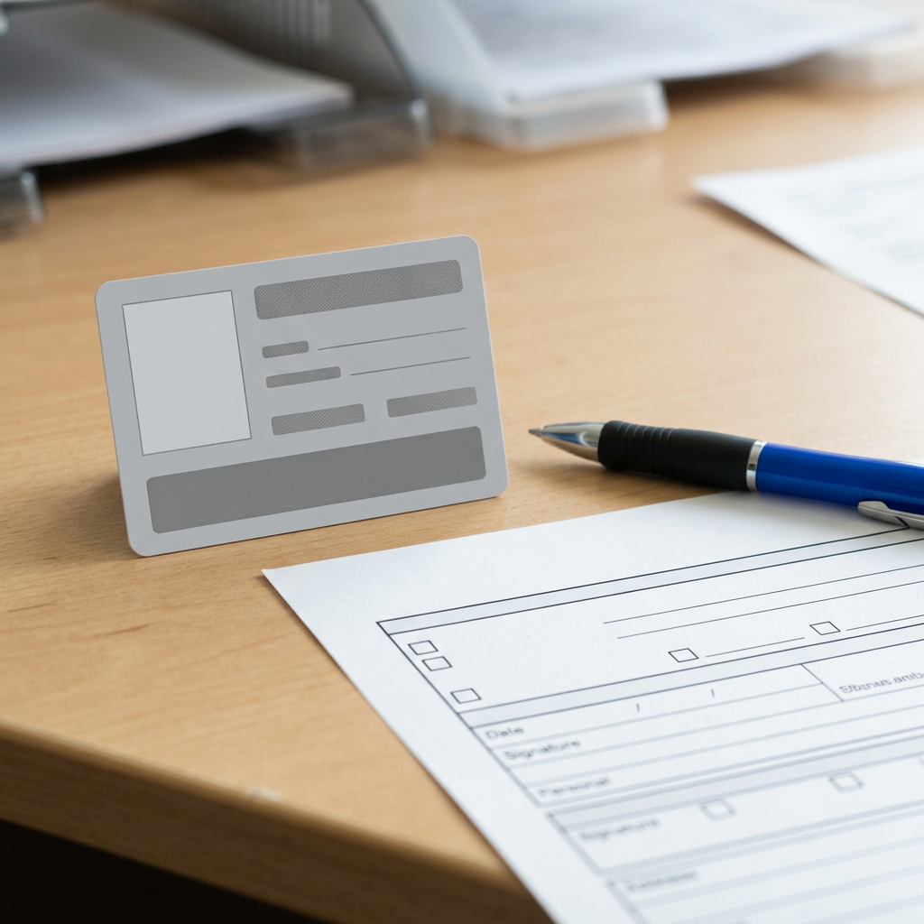 Close-up of an official government identification card and application form on a desk