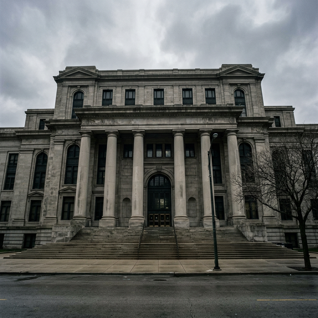 Exterior view of a large urban courthouse building on a gray overcast day