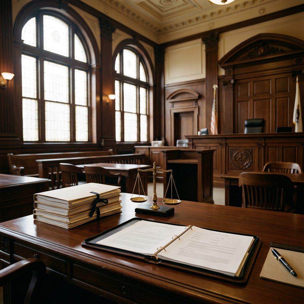 Scales of justice beside Illinois state legal documents on a courthouse desk