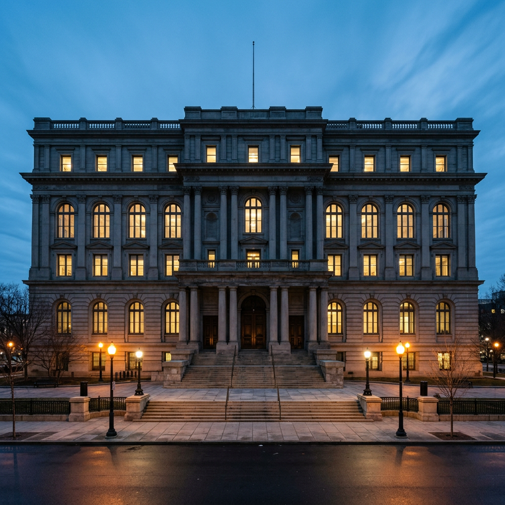 Exterior view of a large urban criminal courthouse at dusk