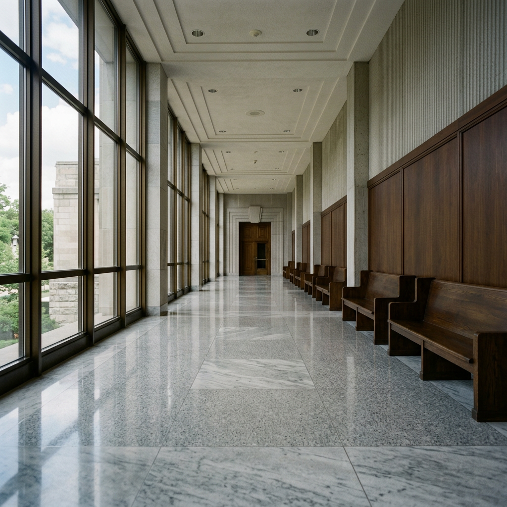 Empty Illinois courthouse hallway with natural light and wooden benches
