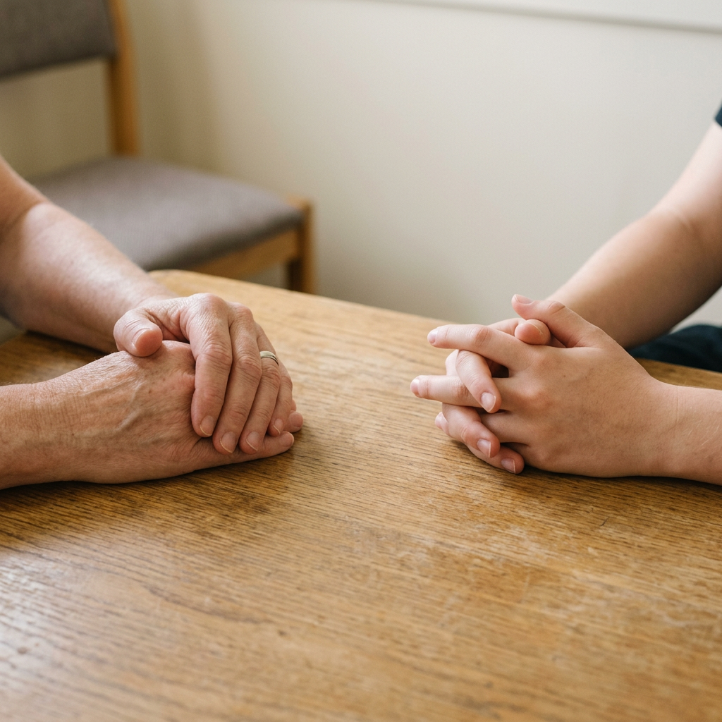 Close-up of hands folded calmly on a table during a formal interaction