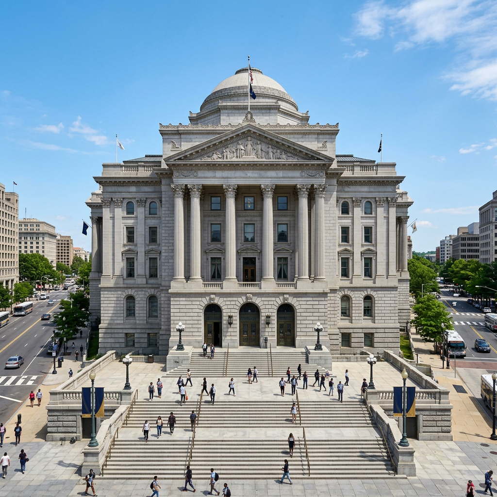 Exterior view of a government building representing a courthouse at midday