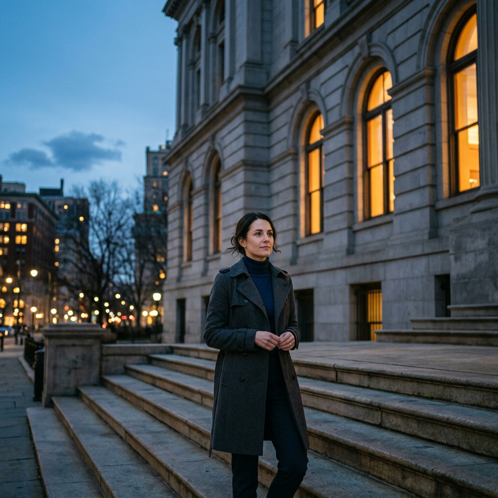 Person calmly standing outside a courthouse in Chicago at dusk